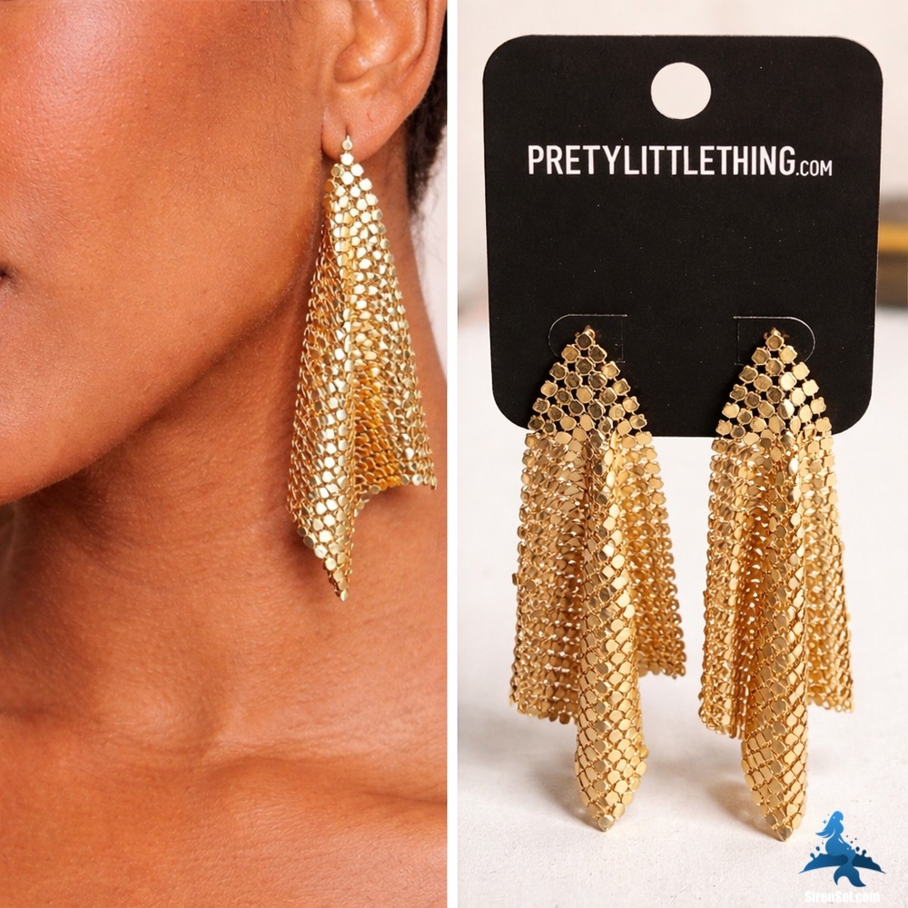 1212 NWT PrettyLittleThing Gold Chainmail Statement Earrings